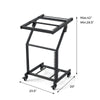 Adjustable 2-layer audio rack mount with swivel wheels, heavy-duty metal, suitable for studios and events.