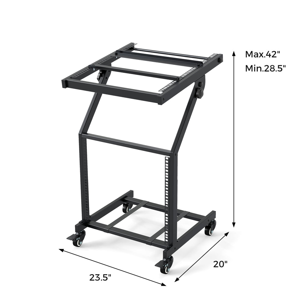 Adjustable 2-layer audio rack mount with swivel wheels, heavy-duty metal, suitable for studios and events.