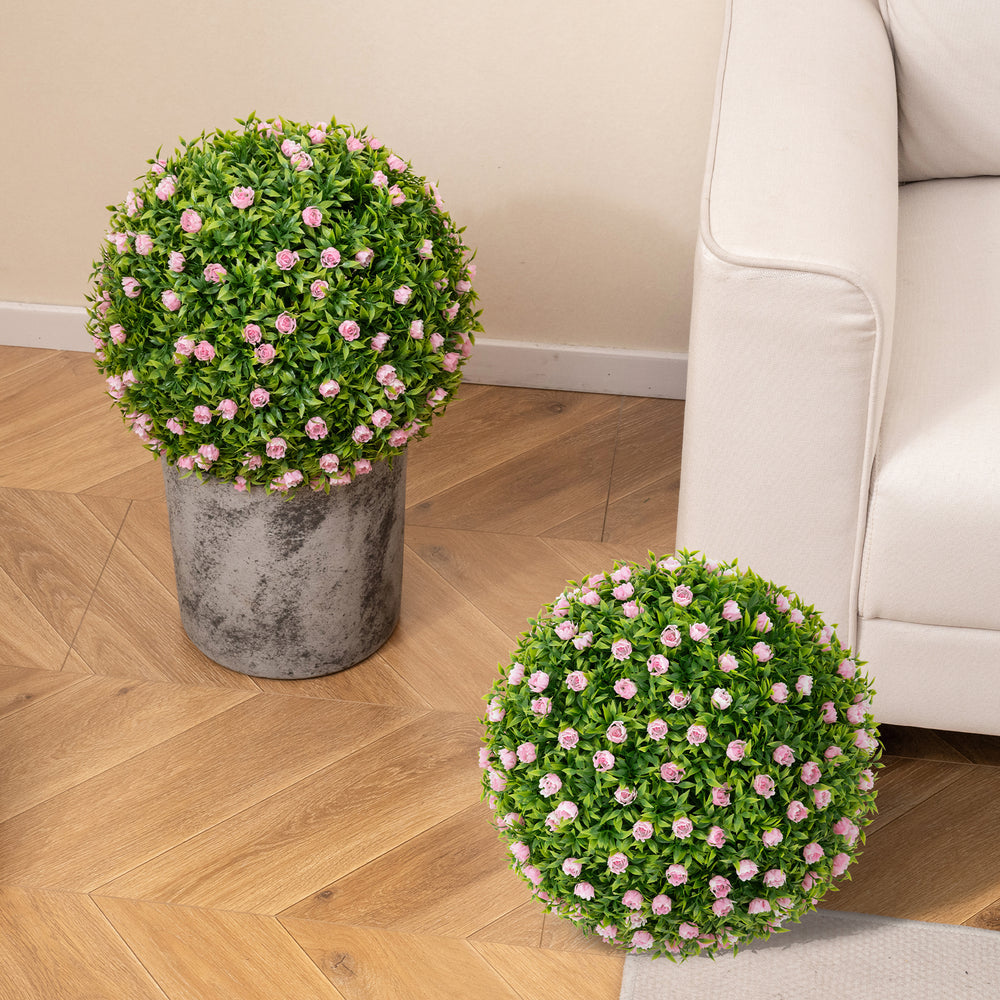 Two 17.5-inch artificial topiary balls with pink flowers in a decorative pot, perfect for indoor or outdoor decor.