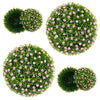 Two 17.5-inch artificial topiary balls with pink flowers, featuring vibrant 4-layer leaves for indoor and outdoor decor.