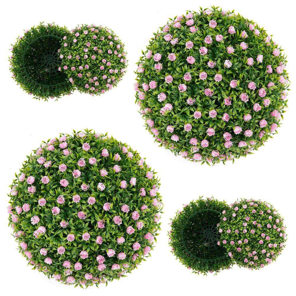 Two 17.5-inch artificial topiary balls with pink flowers, featuring vibrant 4-layer leaves for indoor and outdoor decor.