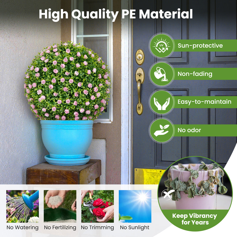 Artificial plant topiary ball with pink flowers, 17.5 inches, made of sun-protective PE material for easy outdoor decor.