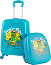 Kid luggage set featuring a blue hardshell suitcase and backpack with playful dinosaur patterns, perfect for travel.