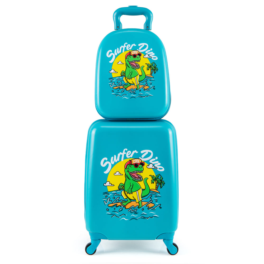 Bright blue 2-piece kid luggage set featuring a playful dinosaur design, perfect for travel with spinner wheels and.