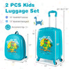Kids luggage set featuring a blue hardshell suitcase and backpack with dinosaur patterns, perfect for travel.
