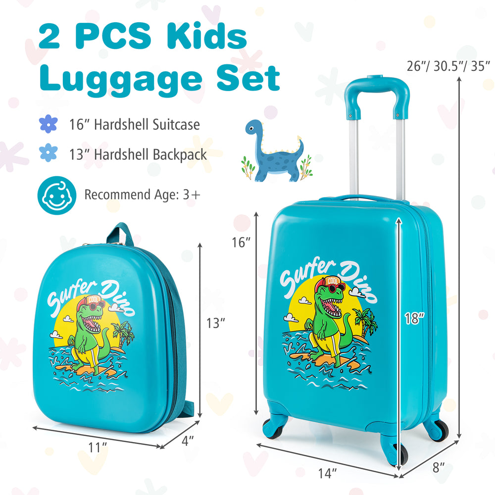 Kids luggage set featuring a blue hardshell suitcase and backpack with dinosaur patterns, perfect for travel.