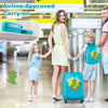 Kid luggage set featuring a blue hardshell suitcase and matching backpack, perfect for travel and playful dinosaur.