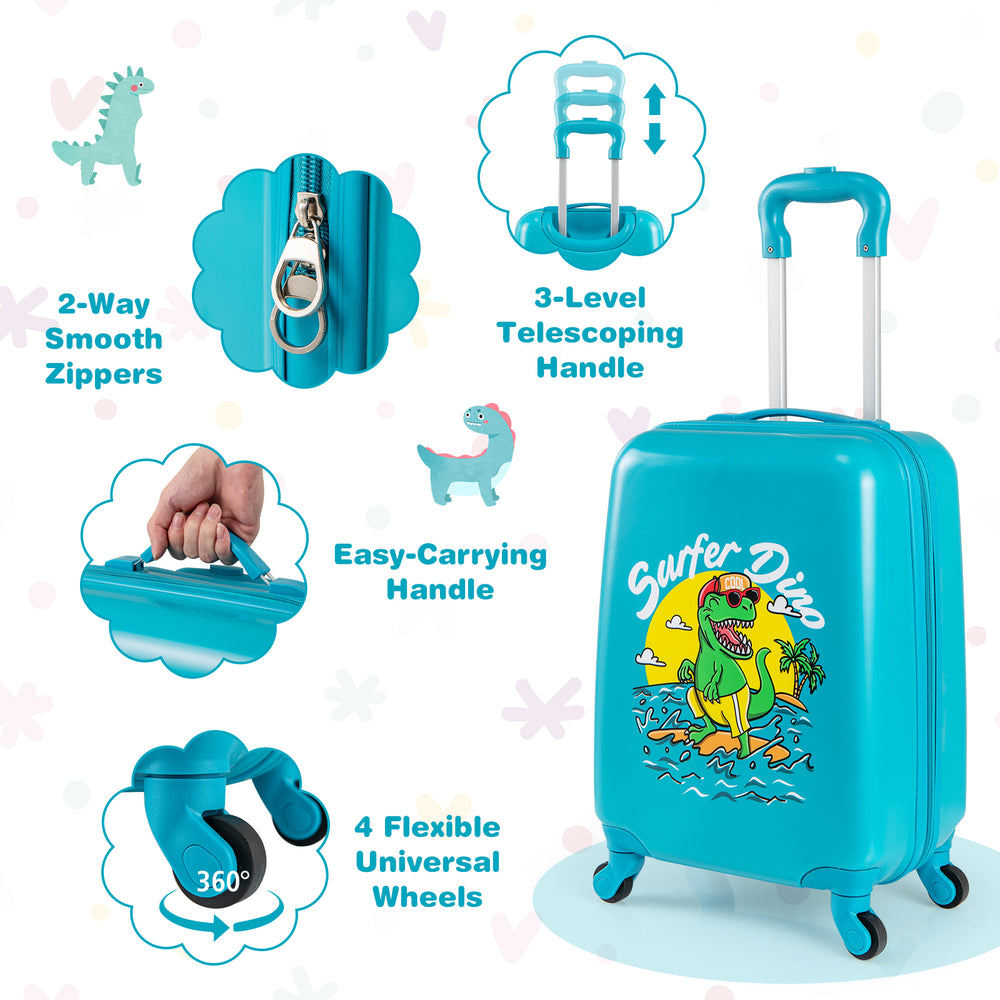 Kid luggage set in blue featuring a hardshell suitcase and backpack with dinosaur patterns, ideal for travel.