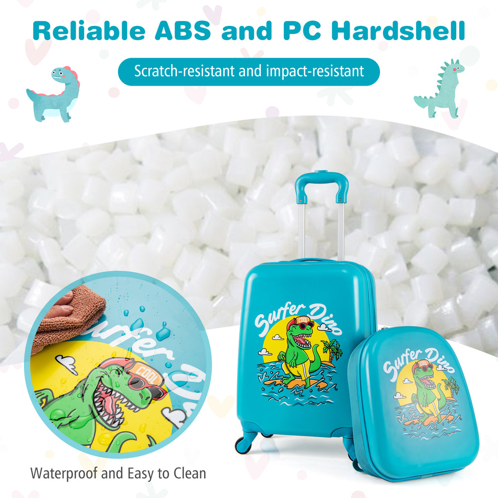 Close-up of the blue hardshell suitcase from the kid luggage set, showcasing its scratch-resistant surface and playful.
