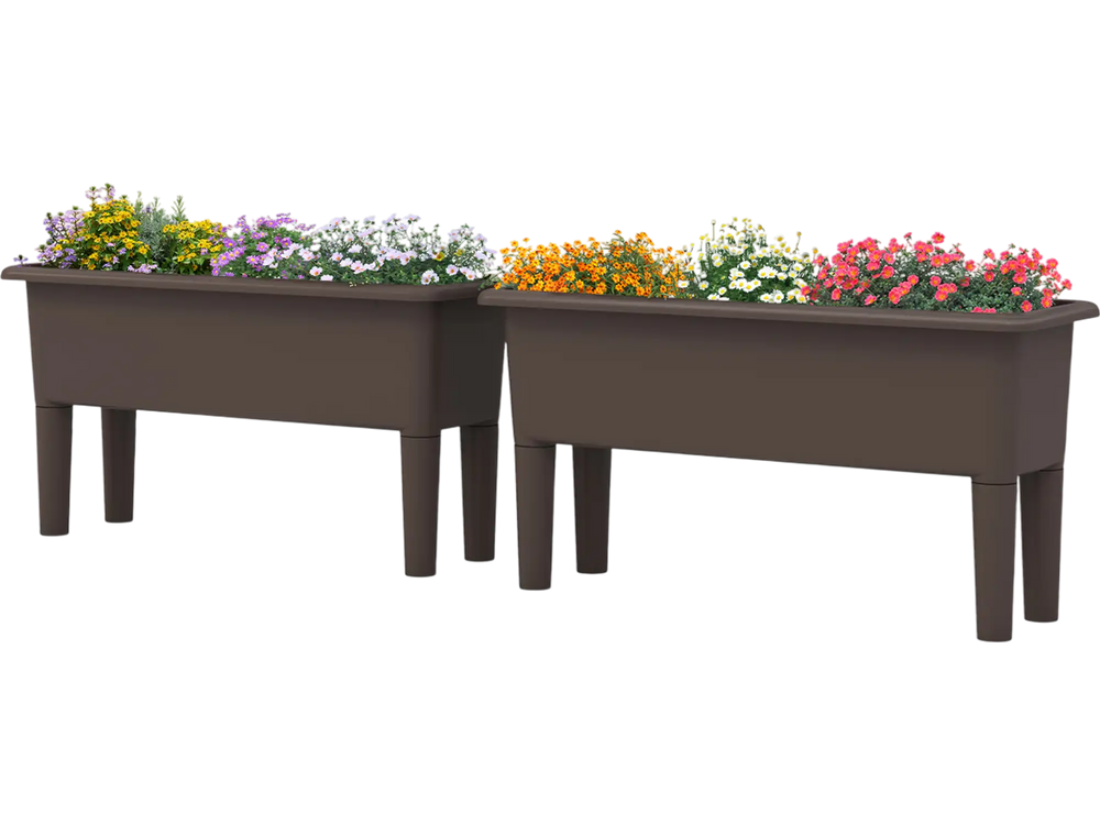 Two coffee-colored raised garden beds with self-watering feature, detachable legs, and drainage holes for versatile.