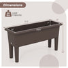 Dimensions of the coffee-colored self-watering planter box with detachable legs, suitable for outdoor gardening.