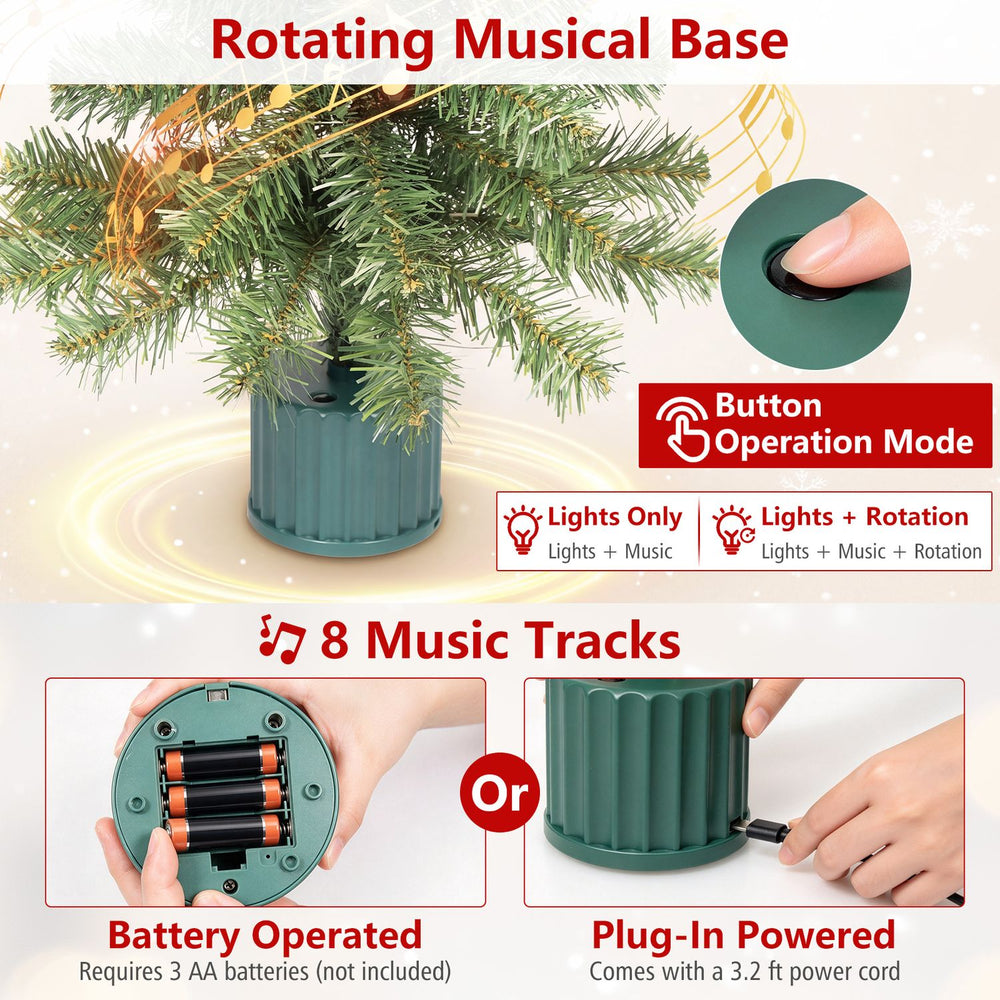 Rotating musical base for 24" pre-lit tabletop Christmas tree with 35 LED lights, ideal for festive decorations.