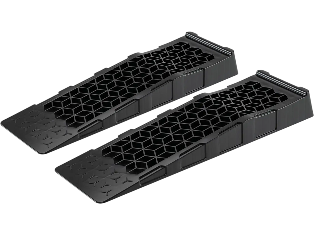 Low-profile car ramps with a 2.5"/6.5 cm lift, 22,000 lbs capacity, ideal for low-chassis vehicle maintenance.
