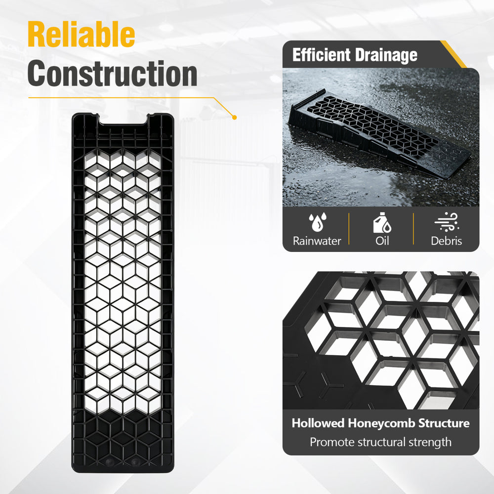 Low-profile car ramp with a 2.5"/6.5 cm lift, designed for low-chassis vehicles, featuring efficient drainage and anti-slip texture.