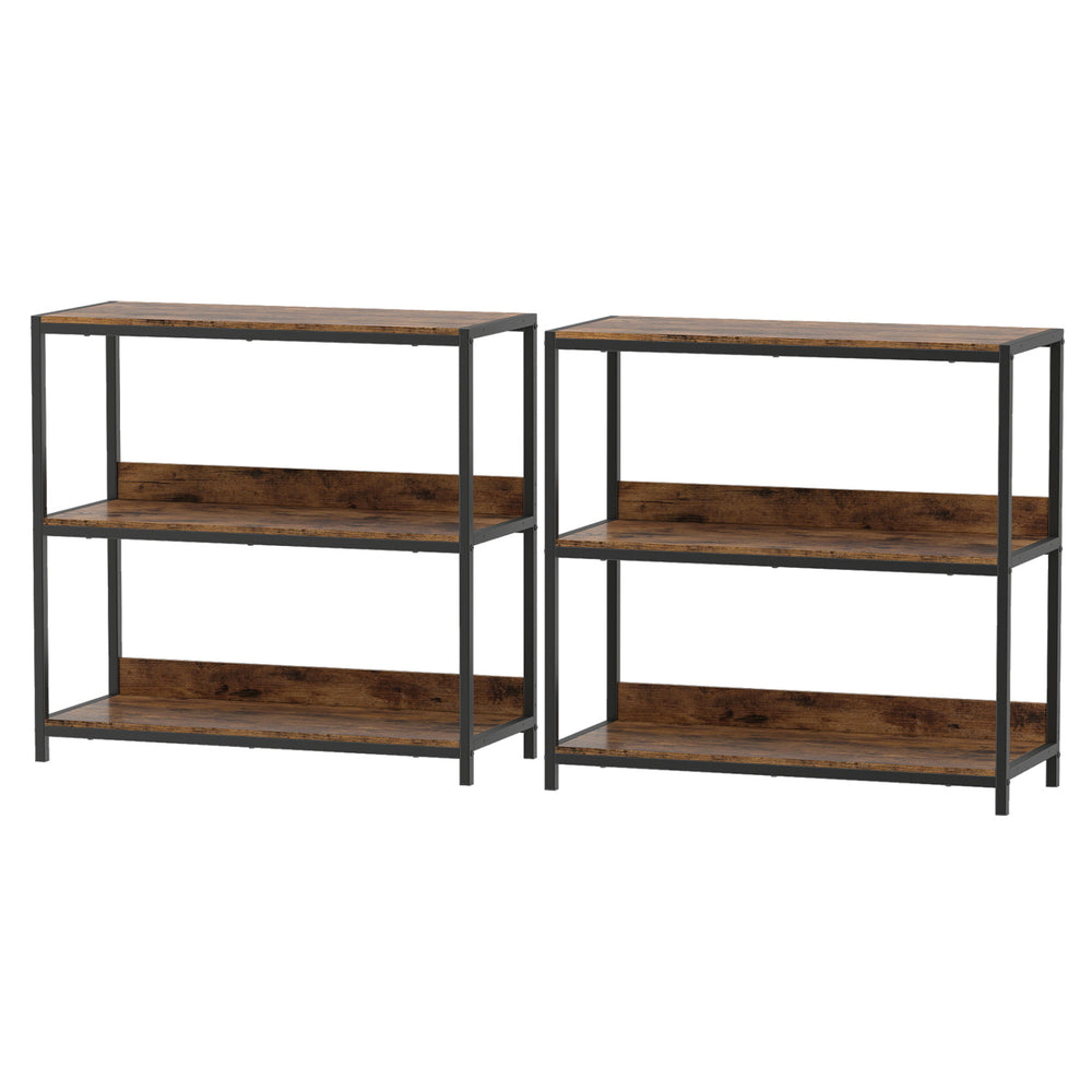 Two 3-tier industrial bookshelves with a rustic brown finish and metal frame, ideal for stylish storage and display.
