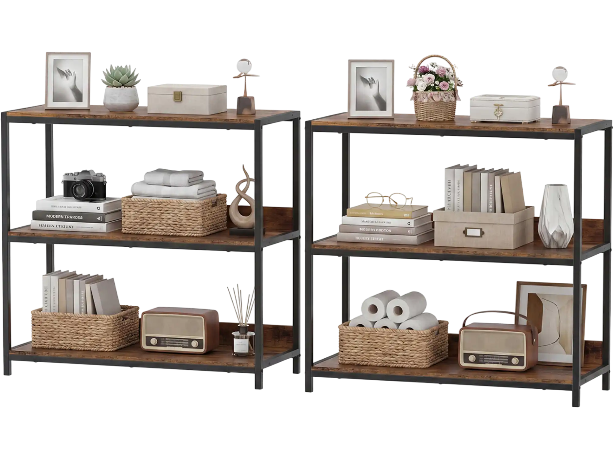 Costway 2-Pack 3-Tier Industrial Bookshelf Metal Frame Rustic Brown 53260149 New