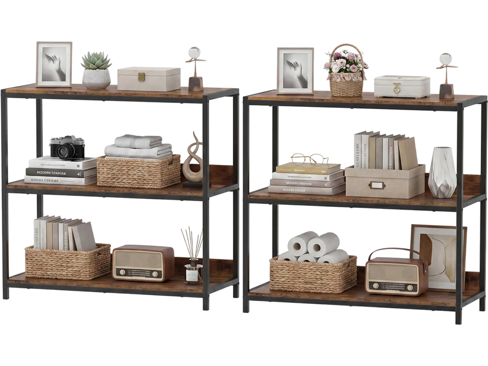 Two 3-tier industrial bookshelves with a rustic brown finish and metal frame, perfect for stylish storage and display.