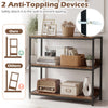 3-tier industrial bookshelf in rustic brown with metal frame, featuring anti-tipping devices for safety and stability.