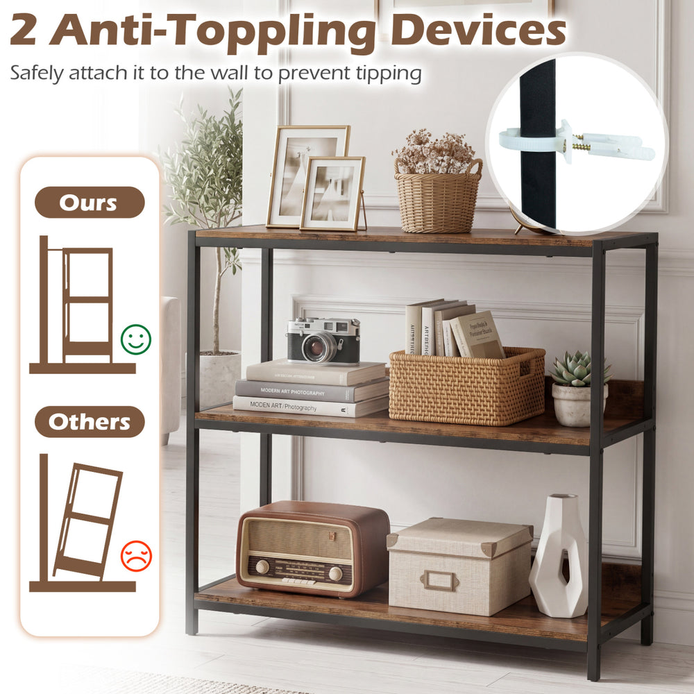 3-tier industrial bookshelf in rustic brown with metal frame, featuring anti-tipping devices for safety and stability.