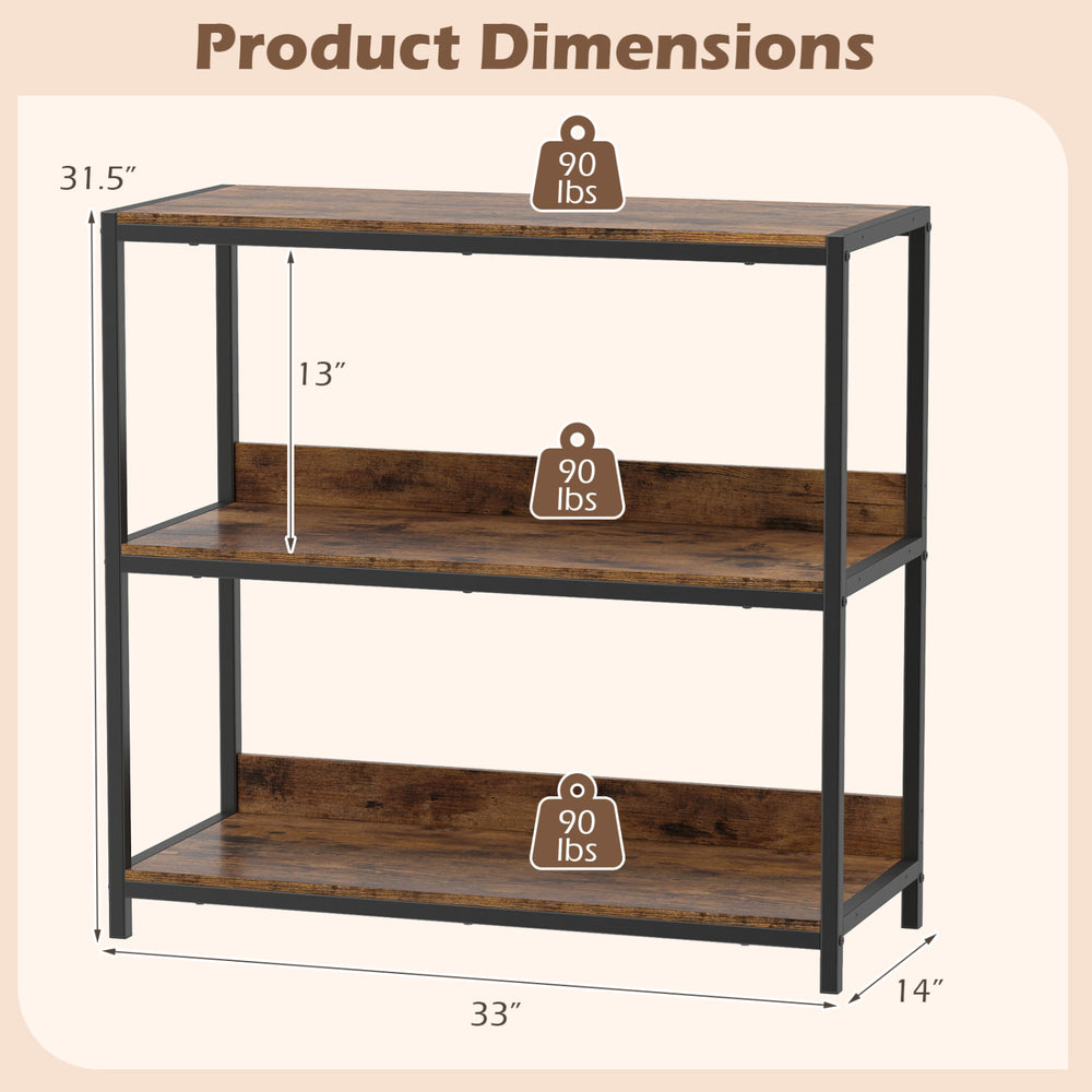 3-tier industrial bookshelf with metal frame in rustic brown, showcasing dimensions and weight capacity for each shelf.