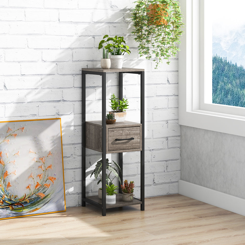 3-tier gray metal plant stand with drawer, featuring faux wood grain, ideal for displaying plants and ornaments in any.