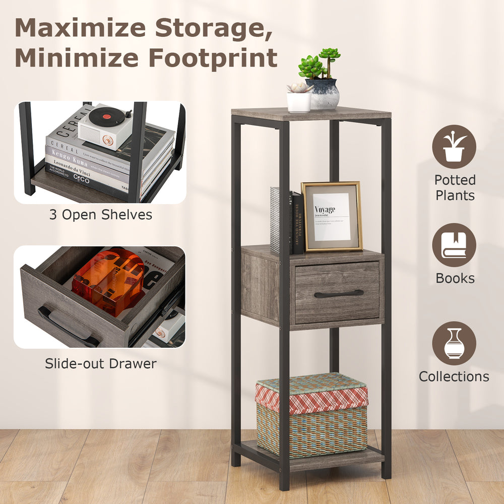 3-tier gray metal plant stand with slide-out drawer, ideal for books and plants, perfect for space-saving storage.