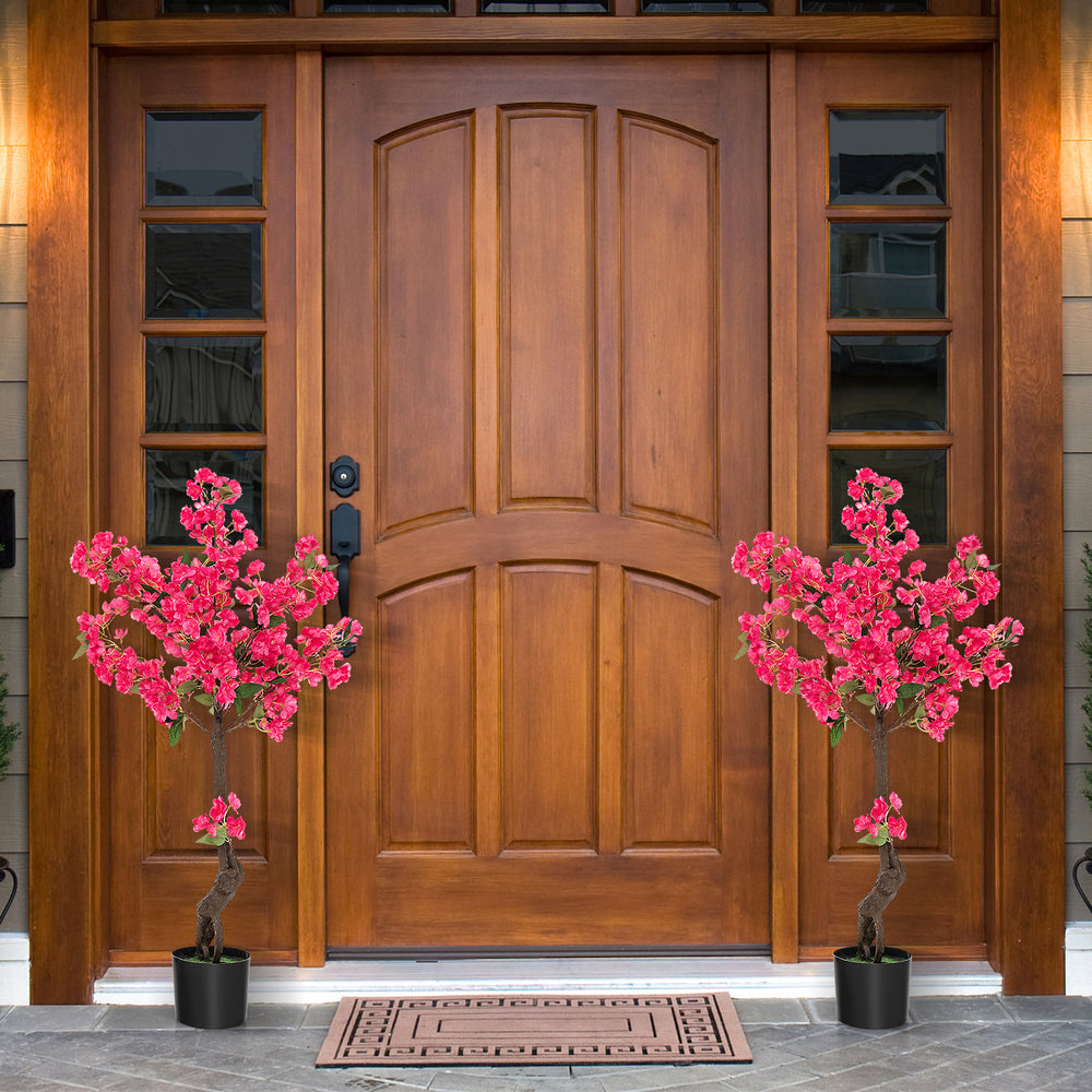 Two 41-inch artificial plum blossom trees with 92 red flowers, perfect for enhancing entryways without maintenance.