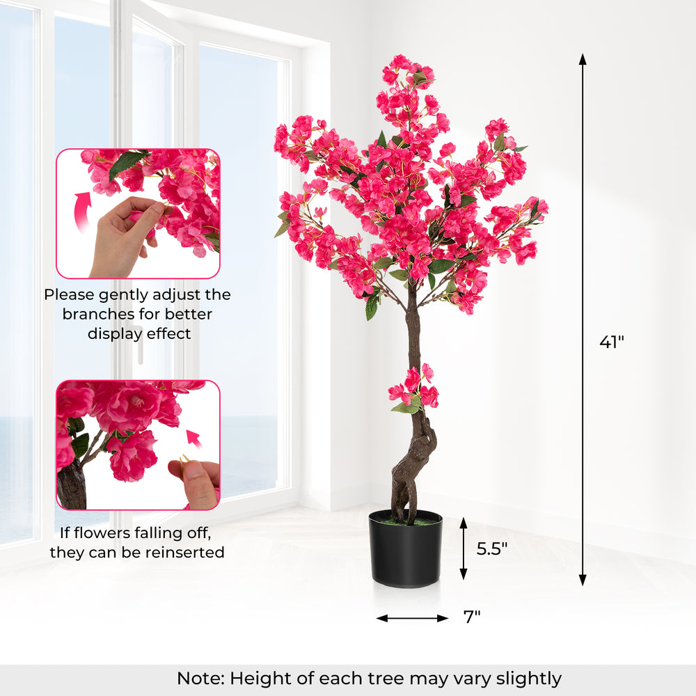 Artificial plum blossom tree with 92 red flowers, 41 inches tall, featuring a sturdy base for indoor decoration.