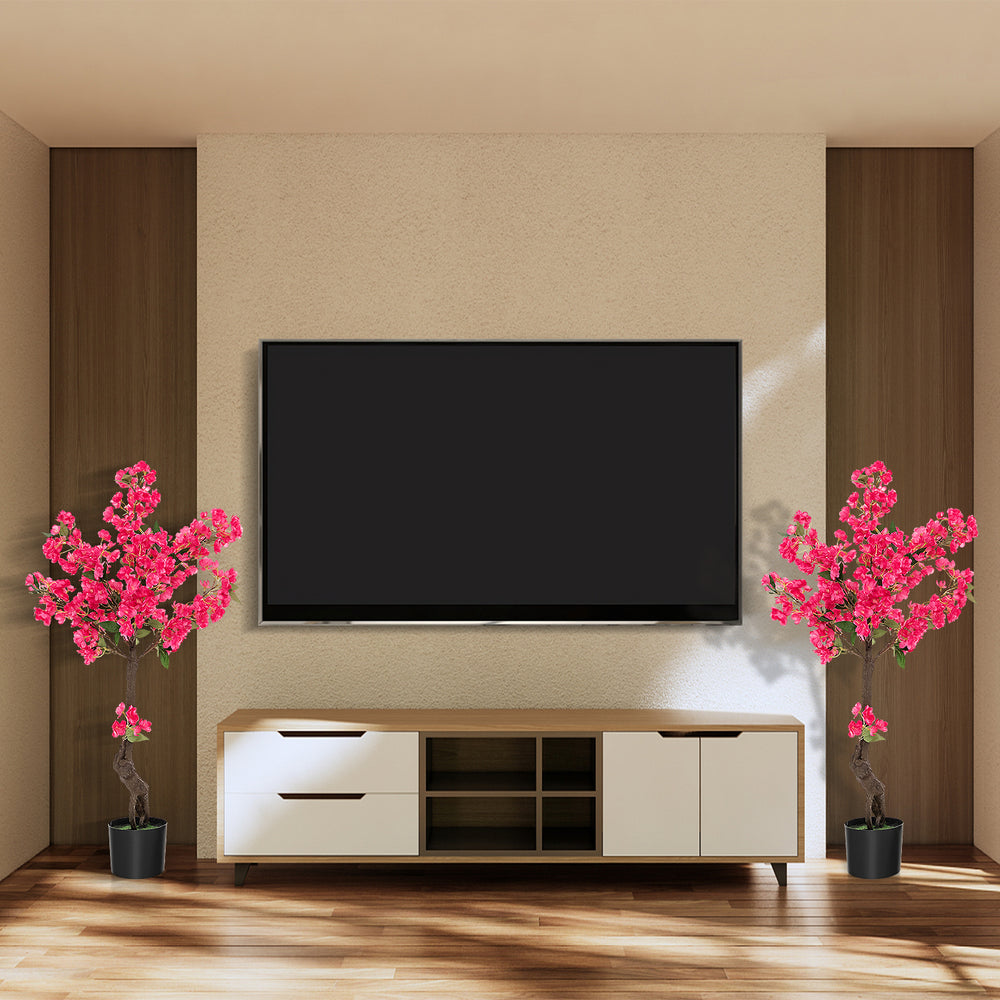 41-inch artificial plum blossom trees in red with 92 flowers, perfect for vibrant indoor decoration.