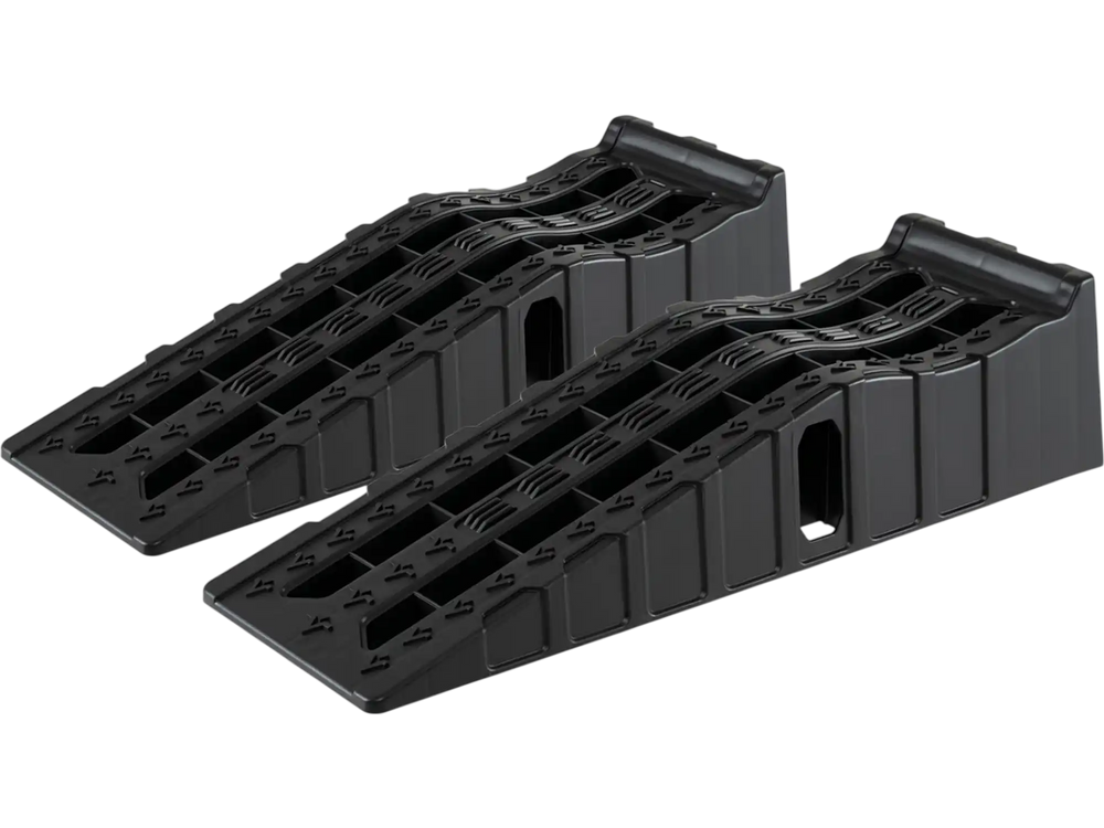 Portable 2-pack black car ramps with 6.4" lift height, 22,000 lbs capacity, ideal for vehicle maintenance tasks.