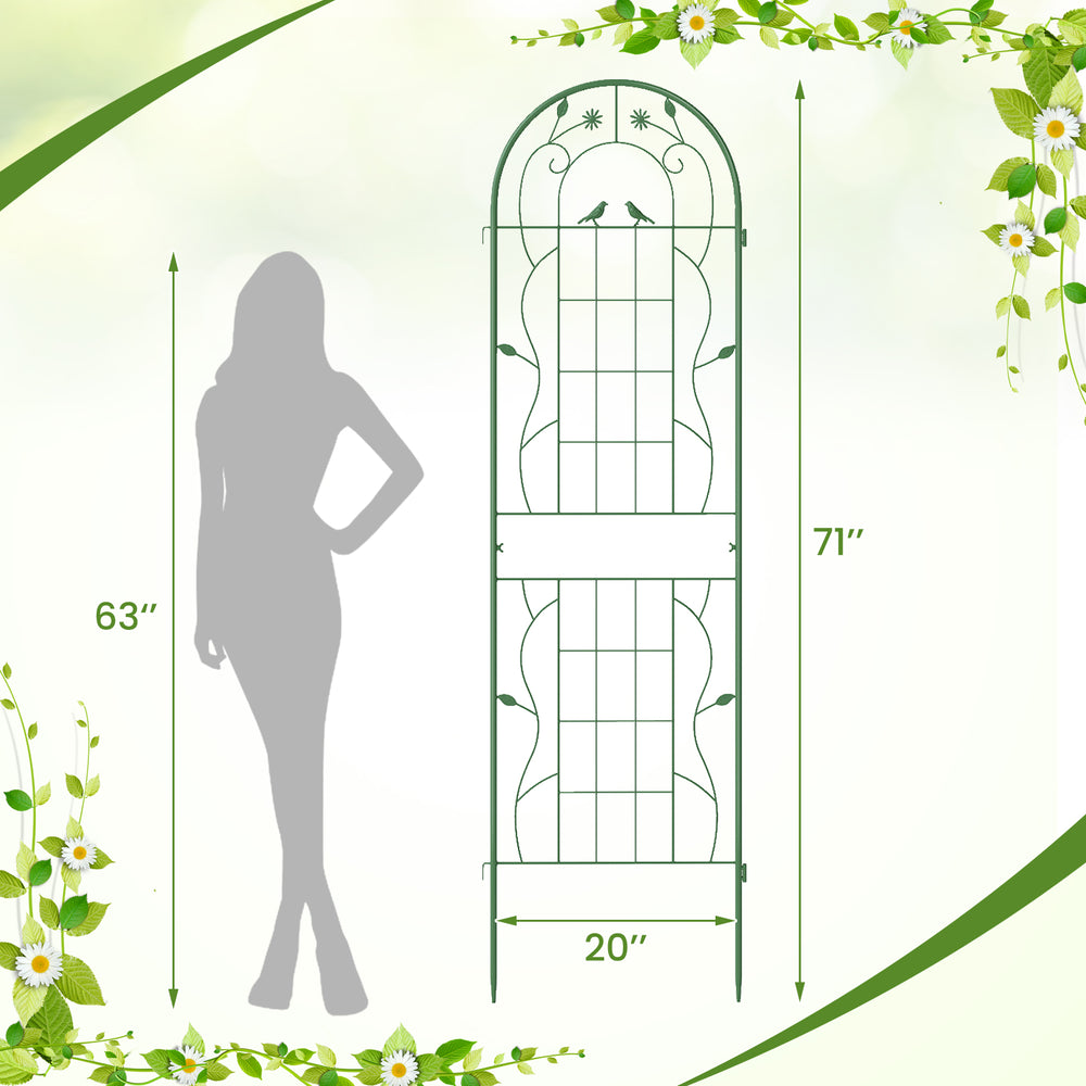 Green metal garden trellis measuring 71 x 20 inches, rustproof support for climbing plants with decorative patterns.