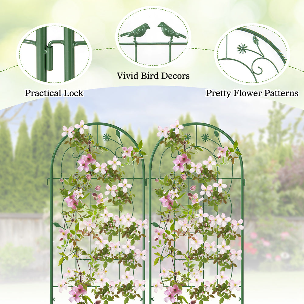 Metal garden trellis set with flower patterns and bird decor, 71 x 20 inches, rustproof support for climbing plants.