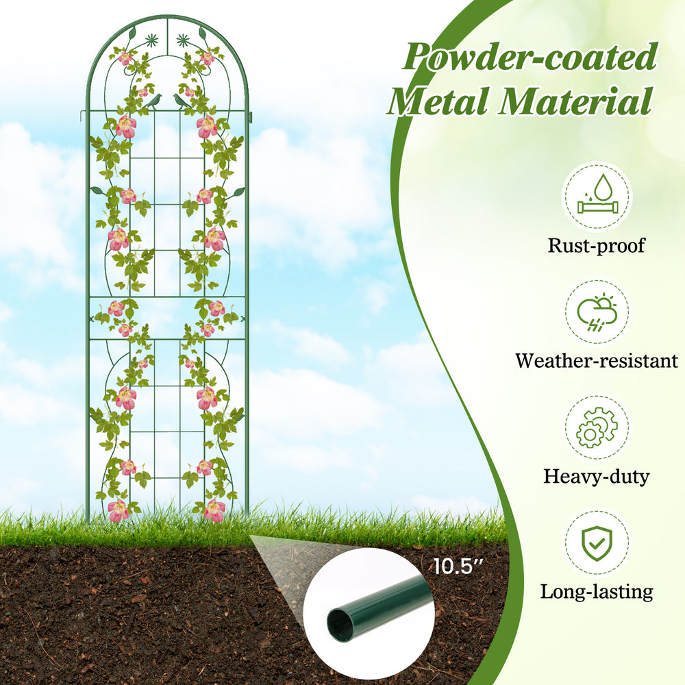 Green metal garden trellis for climbing plants, 71 x 20 inches, rustproof and weather-resistant, ideal for outdoor use.