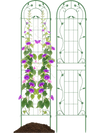 Green metal garden trellis for climbing plants, 86.5 x 20 inches, featuring floral patterns, ideal for outdoor support.
