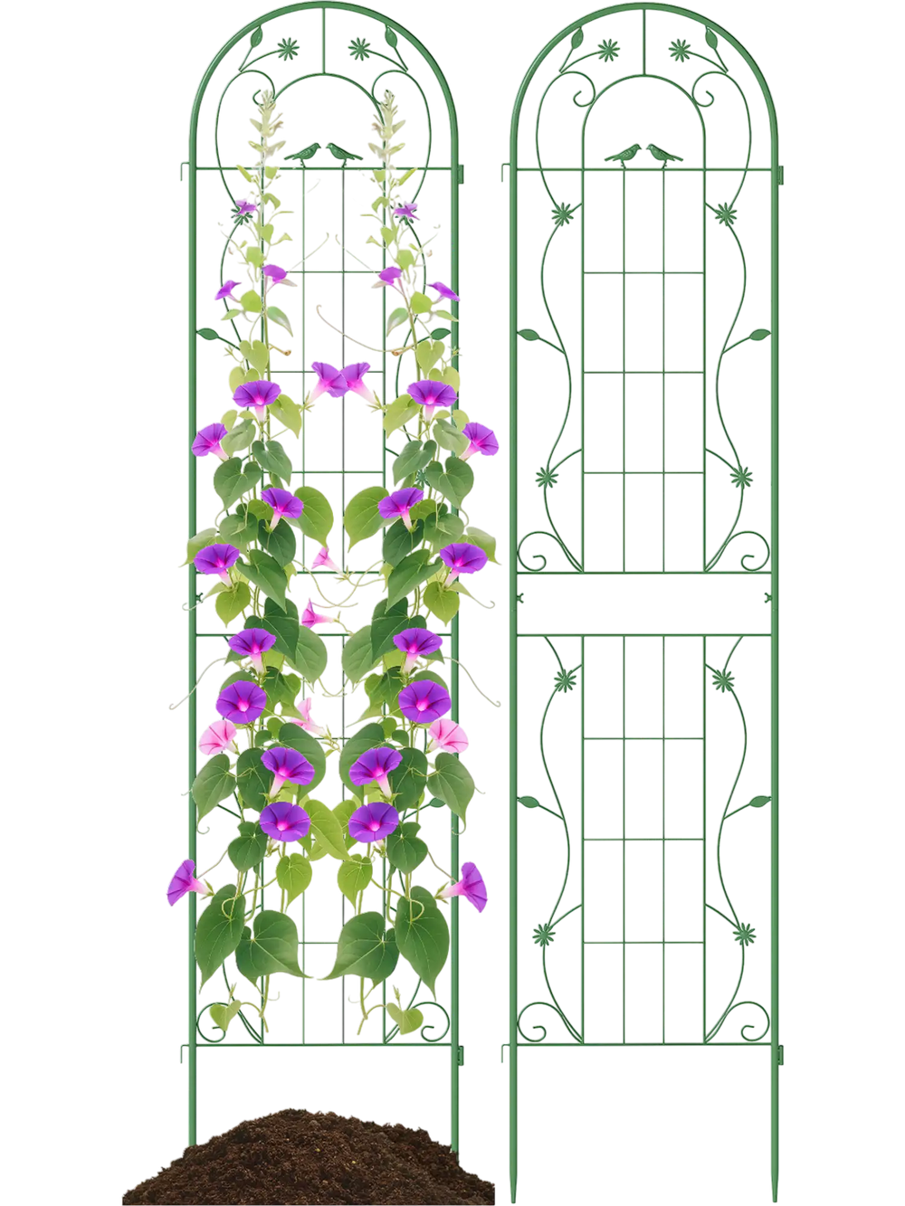 Green metal garden trellis for climbing plants, 86.5 x 20 inches, featuring floral patterns, ideal for outdoor support.