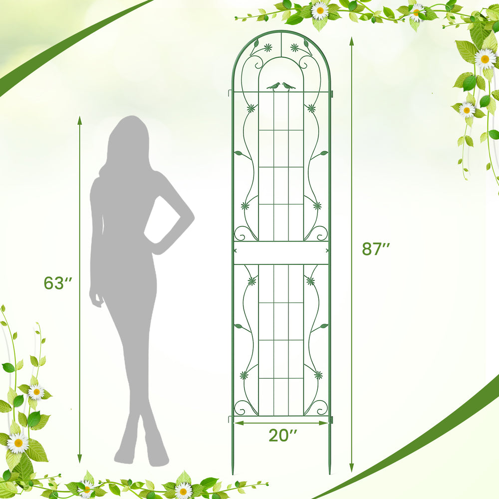 Metal garden trellis for climbing plants, 86.5 x 20 inches, green, with decorative flower patterns for outdoor use.