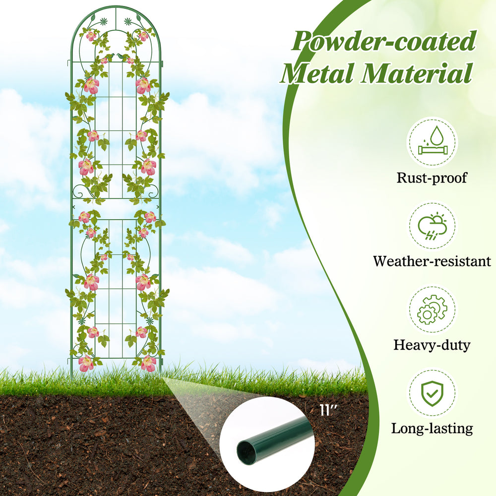 Green metal garden trellis for climbing plants, 86.5 x 20 inches, rust-proof and weather-resistant for outdoor use.