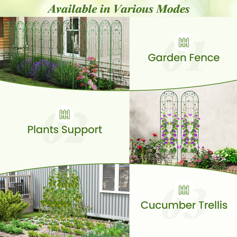 Metal garden trellis set for climbing plants, 86.5 x 20 inches, green, versatile as fence or cucumber support.