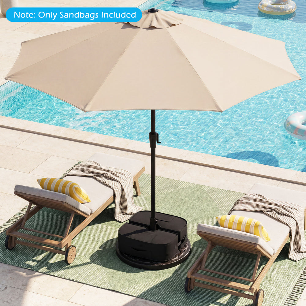 Two 90 lbs black umbrella base weight sandbags made of durable 900D oxford fabric for stable patio umbrella support.