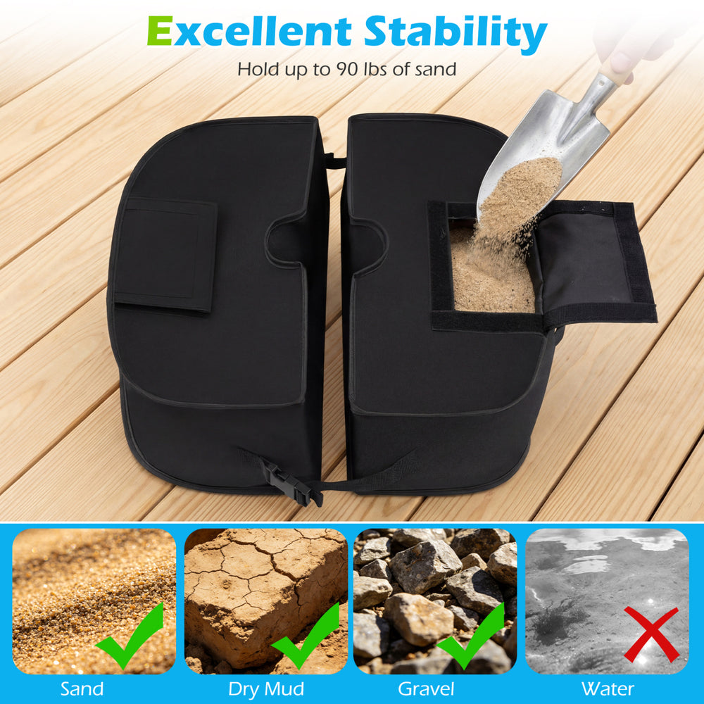 Black 2-pack umbrella base weight sandbags made of 900D oxford fabric, holding up to 90 lbs for stable support.