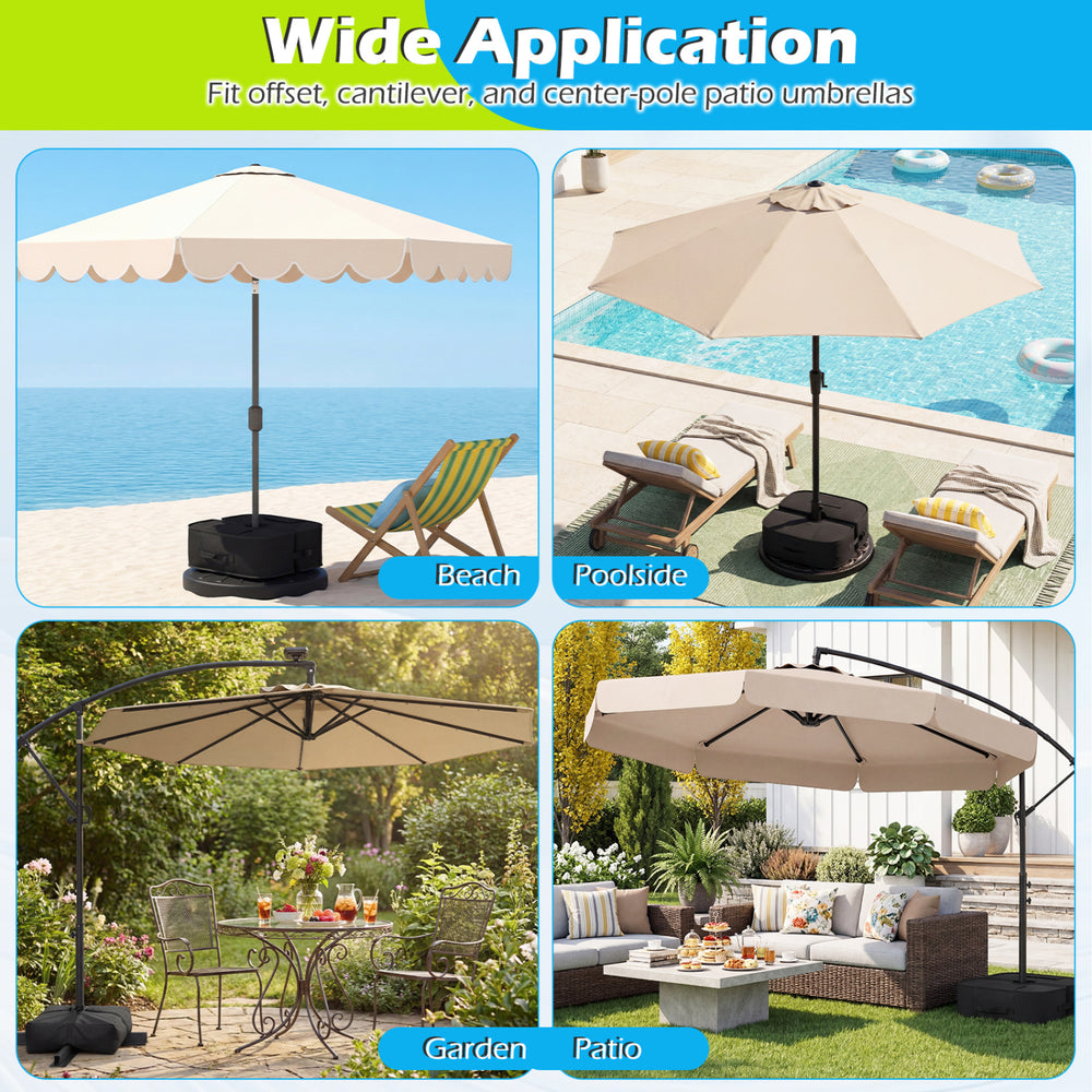 Black 90 lbs umbrella base weight sandbags made of durable 900D oxford fabric for stable outdoor umbrella support.