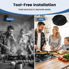 Before and after images showcasing the 2 pack activated carbon filter for ductless range hood with tool-free installation.