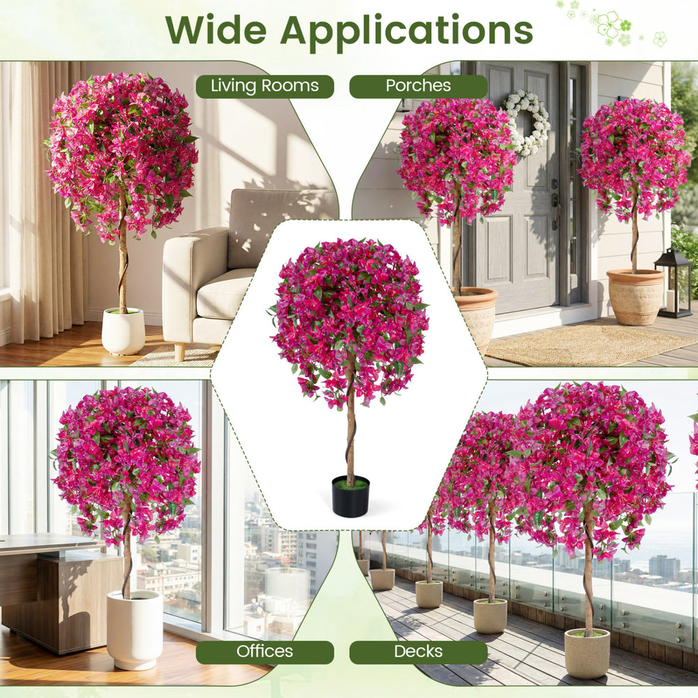 Artificial azalea tree with vivid blooming flowers in a cement-weighted pot, ideal for indoor decoration in various.