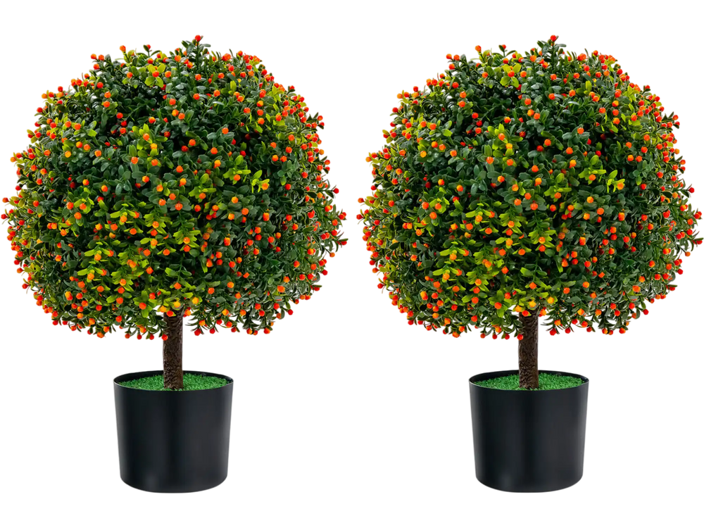2-Pack Artificial Boxwood Topiary Ball Tree with Orange Fruit