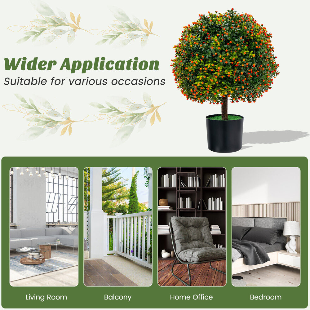 Artificial boxwood topiary ball tree set with orange fruit in a cement-filled pot, ideal for home decoration.
