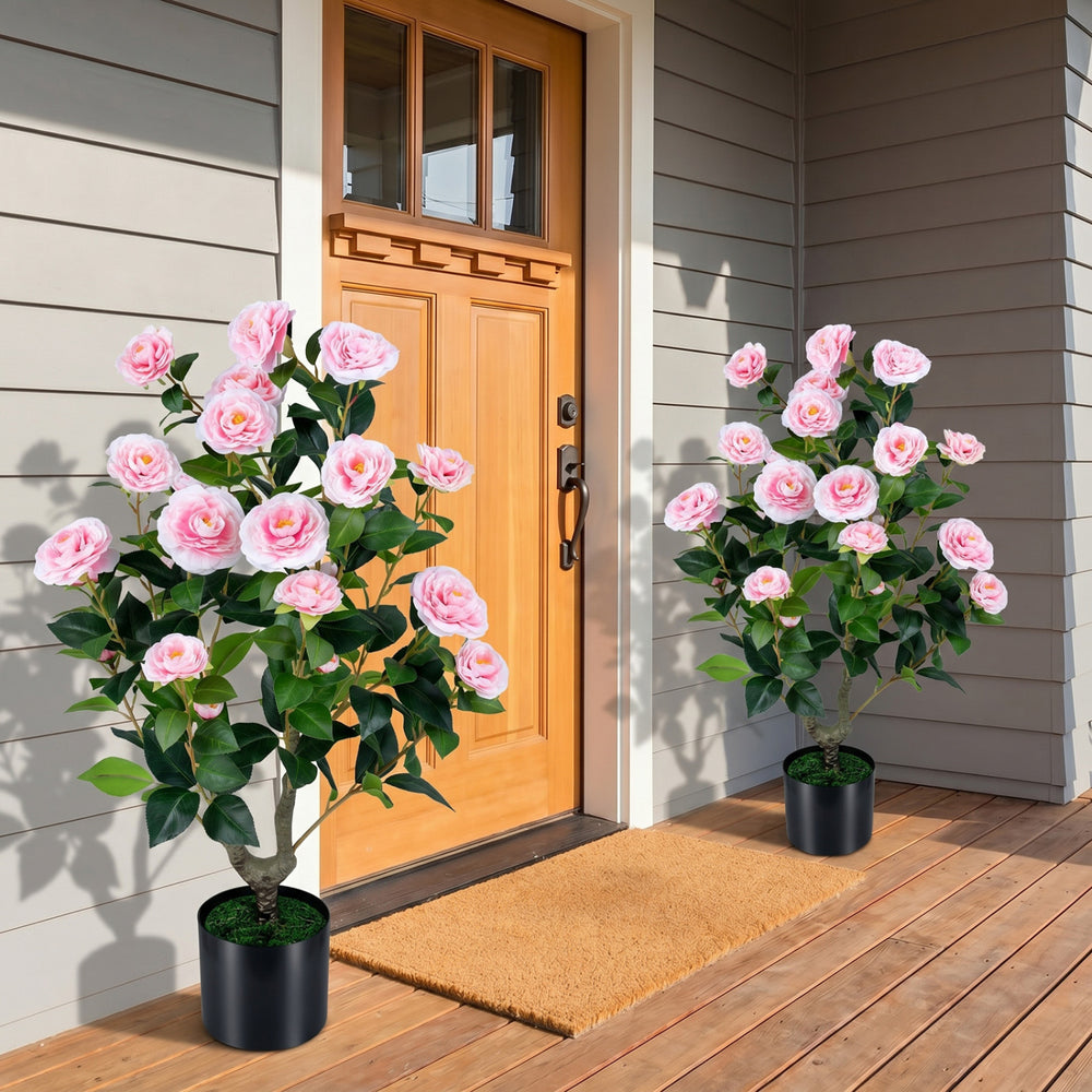 2-Pack Artificial Camellia Tree Faux Flower Plant in Cement-Filled Pot-Pink - Gallery View 1 of 10