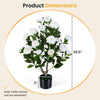 Artificial camellia tree with dense white flowers, 35.5" tall, in a cement-filled pot, ideal for indoor or outdoor.