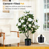 Cement-filled pot with a 35.5" artificial camellia tree featuring dense leaves and vivid flowers, ideal for indoor.