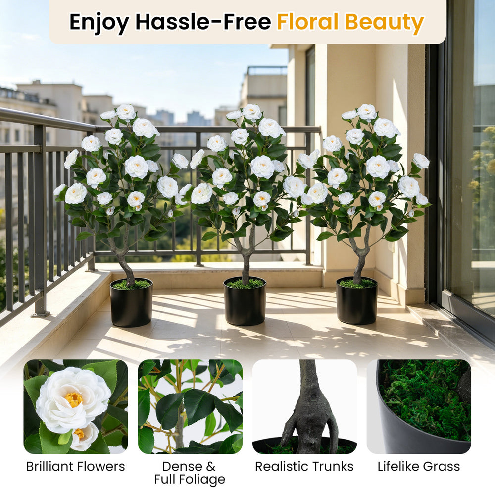 Two artificial camellia trees with white flowers in cement-filled pots, perfect for indoor or outdoor decoration.