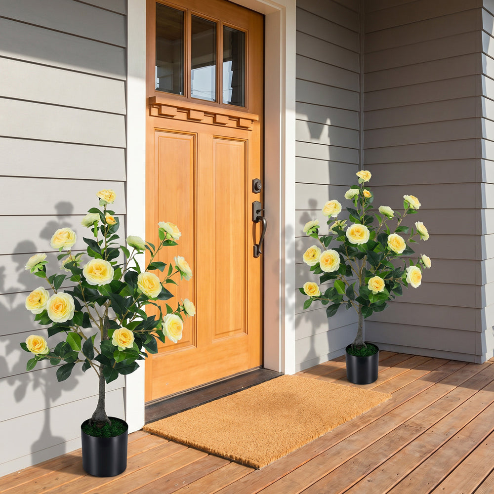 2-Pack Artificial Camellia Tree Faux Flower Plant in Cement-Filled Pot-Yellow - Gallery View 1 of 10